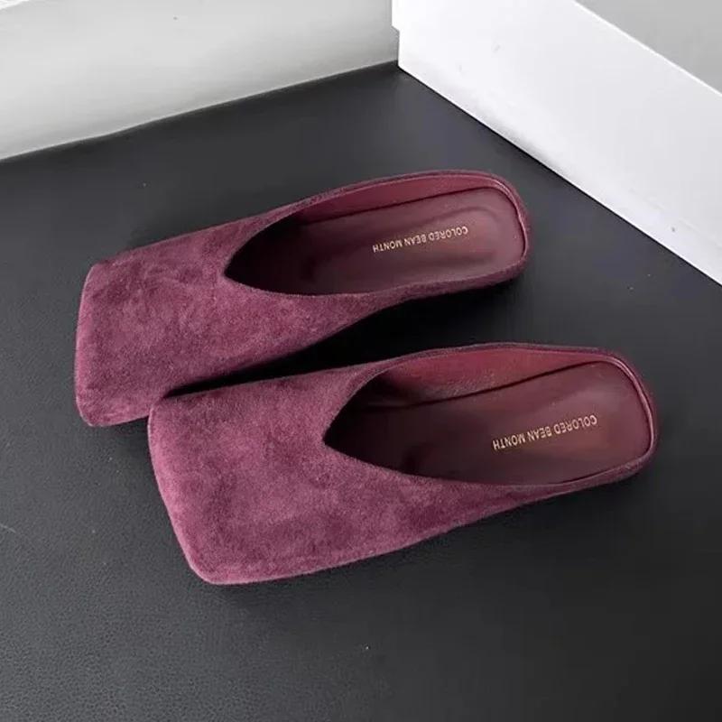 Fashion Women Suede Flats Mules Shoes Square Toe Slingback Slippers Casual Sandals 2025 Trend Summer Dress Flip Flops Cozy Mujer Slides