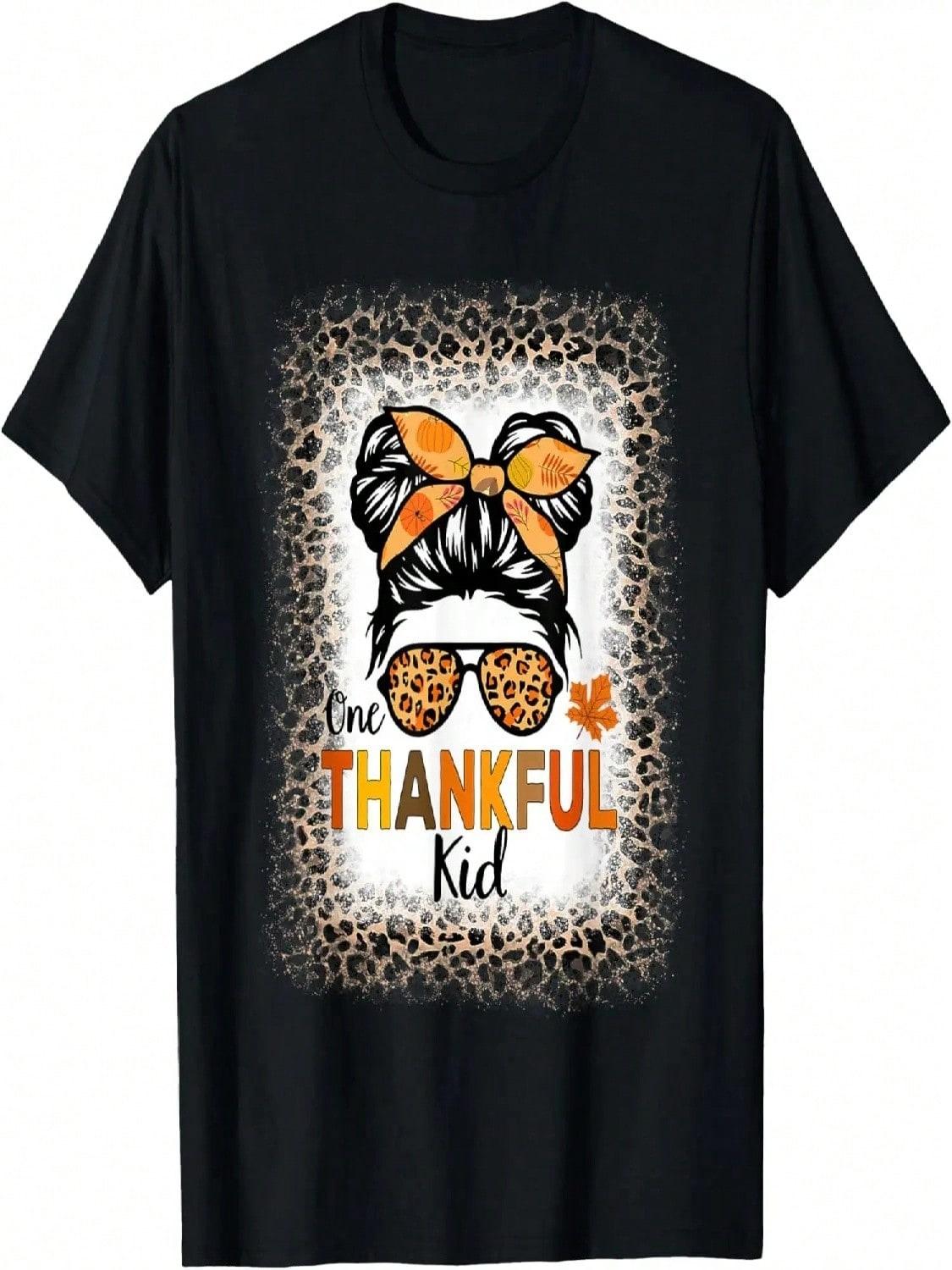 One Thankful Kid Thanksgiving Messy Bun Leopard Bleached T-Shirt S разноцветный