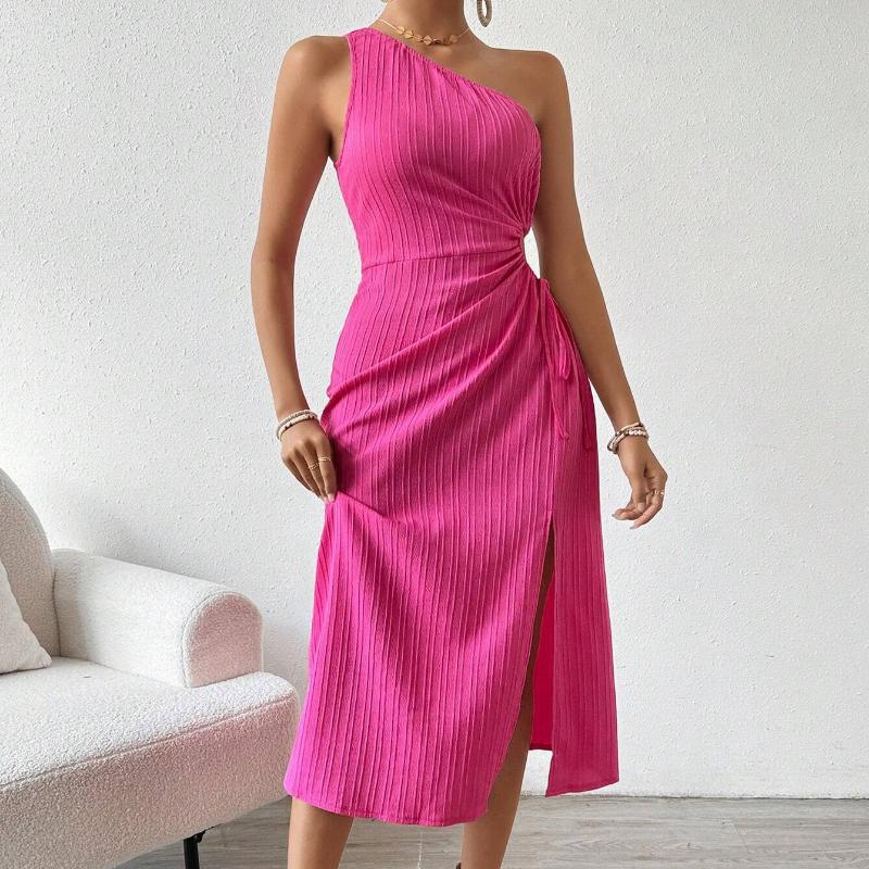 GMXIA Frühling/Sommer Damen Elegant Sexy Ärmellos Eine Schulter Schräger Hals Einfarbig Schlitz Kleider