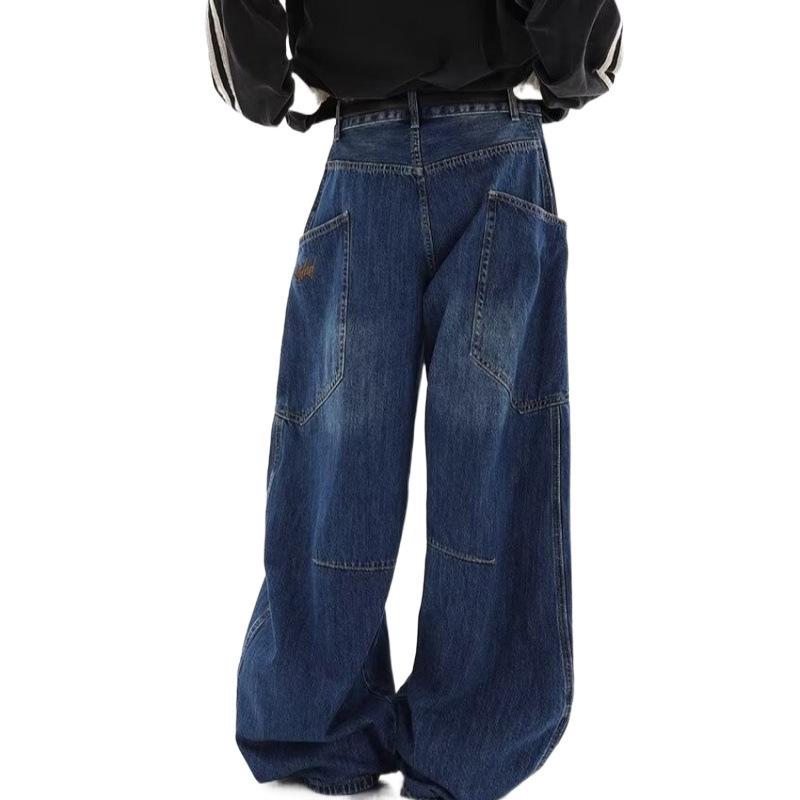 Women's American Retro Wide-Leg Scimitar Jeans - High Street Loose Fit with Big Pockets, Perfect for Spring and Autumn.