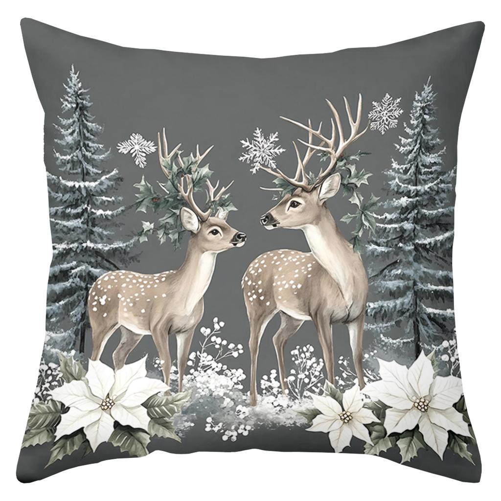 2D Flat Printing Christmas Deer Pillows With Snowflake And Flowers Polyester Pillowcase, Sofa Decorative Cushion Cov