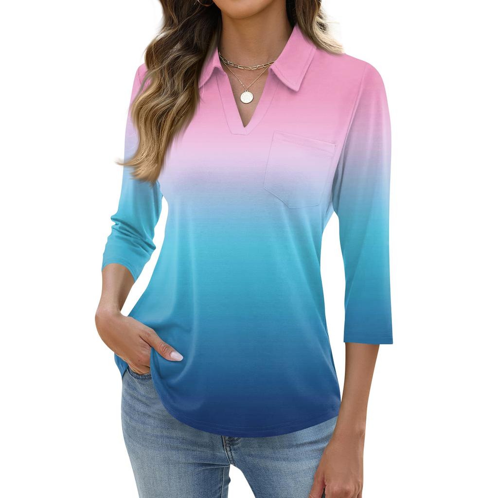 Damska Koszula Casual z Klapami Krótki Rękaw 3/4 z Nadrukiem Damskie Góry