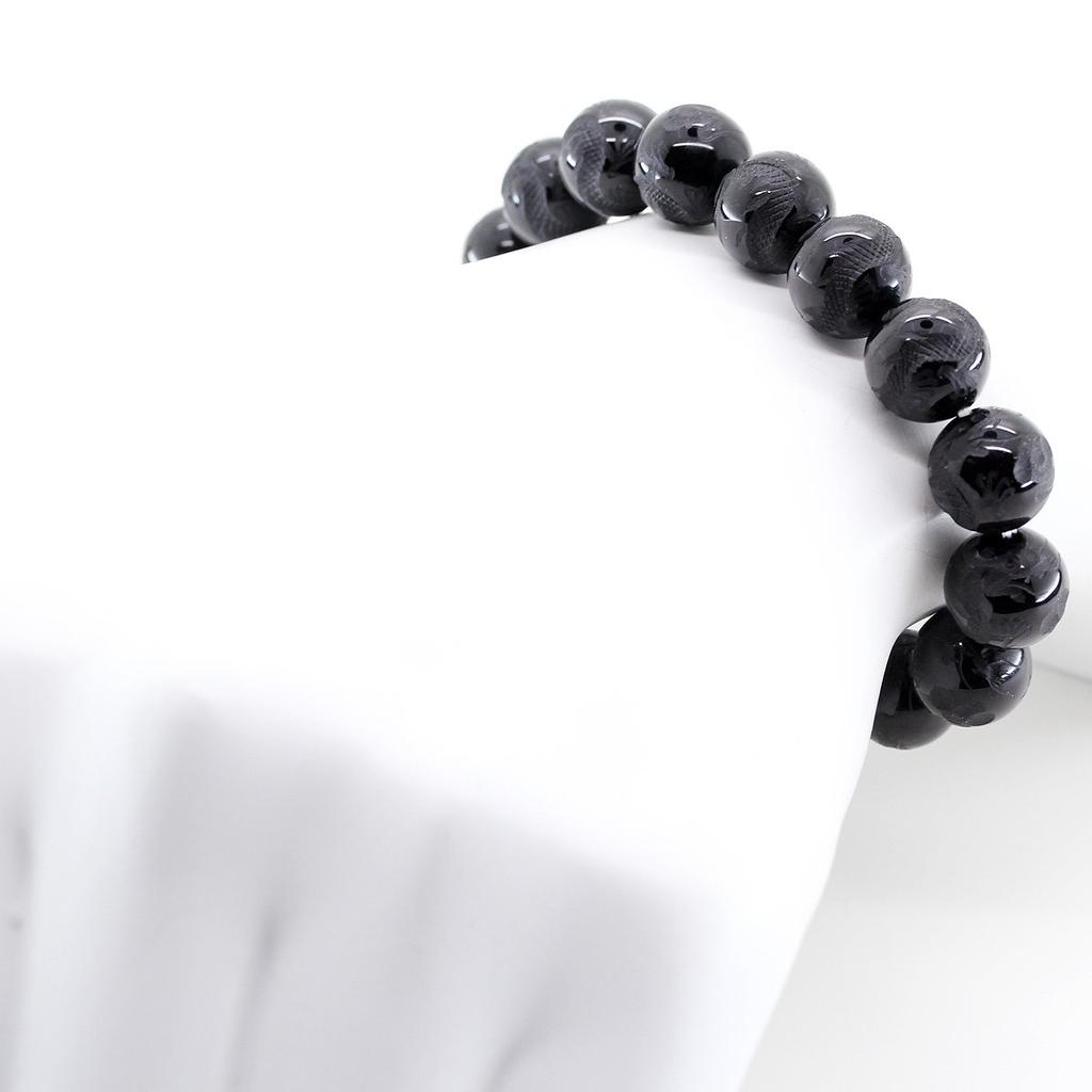 Natural Stone Carved Emperor Dragon Onyx 12mm Mala Bead Bracelet Power Stone [Sekki] Men's [b147]