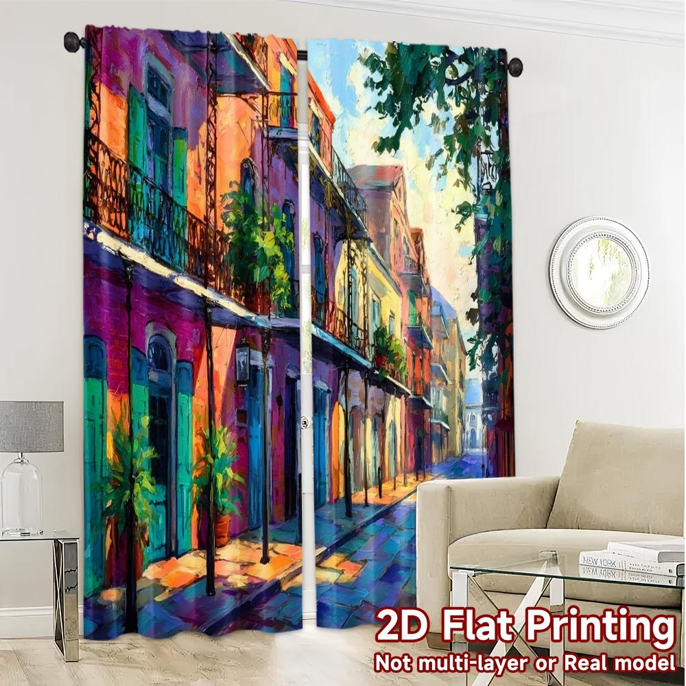 2pcs, 2D FLAT PRINTING Curtains (Without Rod) Colorful Street Popular Light Filtering Curtains Fabric Curtains Home Decor Ldeal