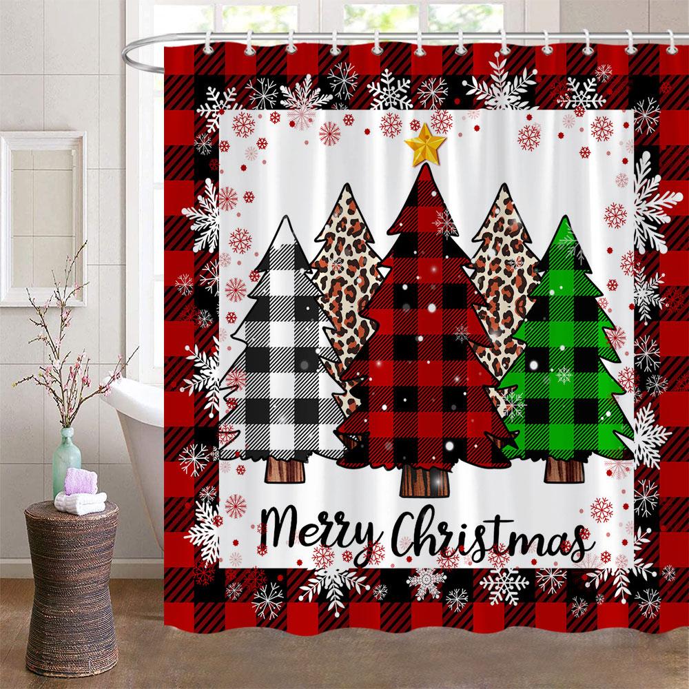 

Merry Christmas Shower Curtain Red Buffalo Plaid Christmas Tree Snowy Forest Farmhouse Washable Shower Curtains Bathroom Decor 90x180cm-35x70in