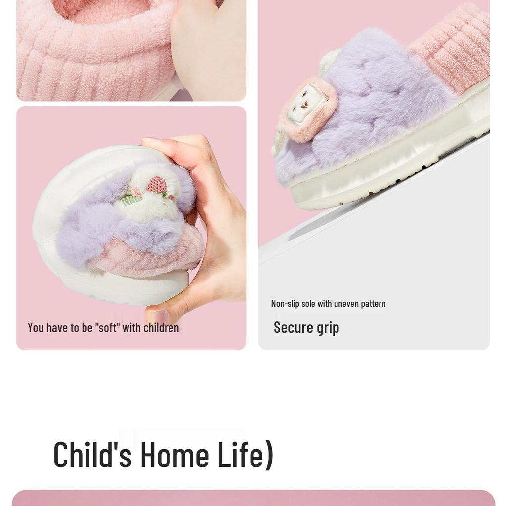 Jieliya Kids' Furry Plush Slippers - Winter Warm, Parent-Child Matching, Indoor/Outdoor Wear for Boys and Girls, Size 25