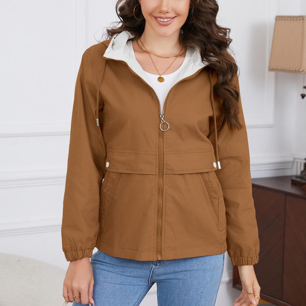 Women's Casual Color Hooded Windbreaker Jacket Long Sleeve for Outdoor Sports