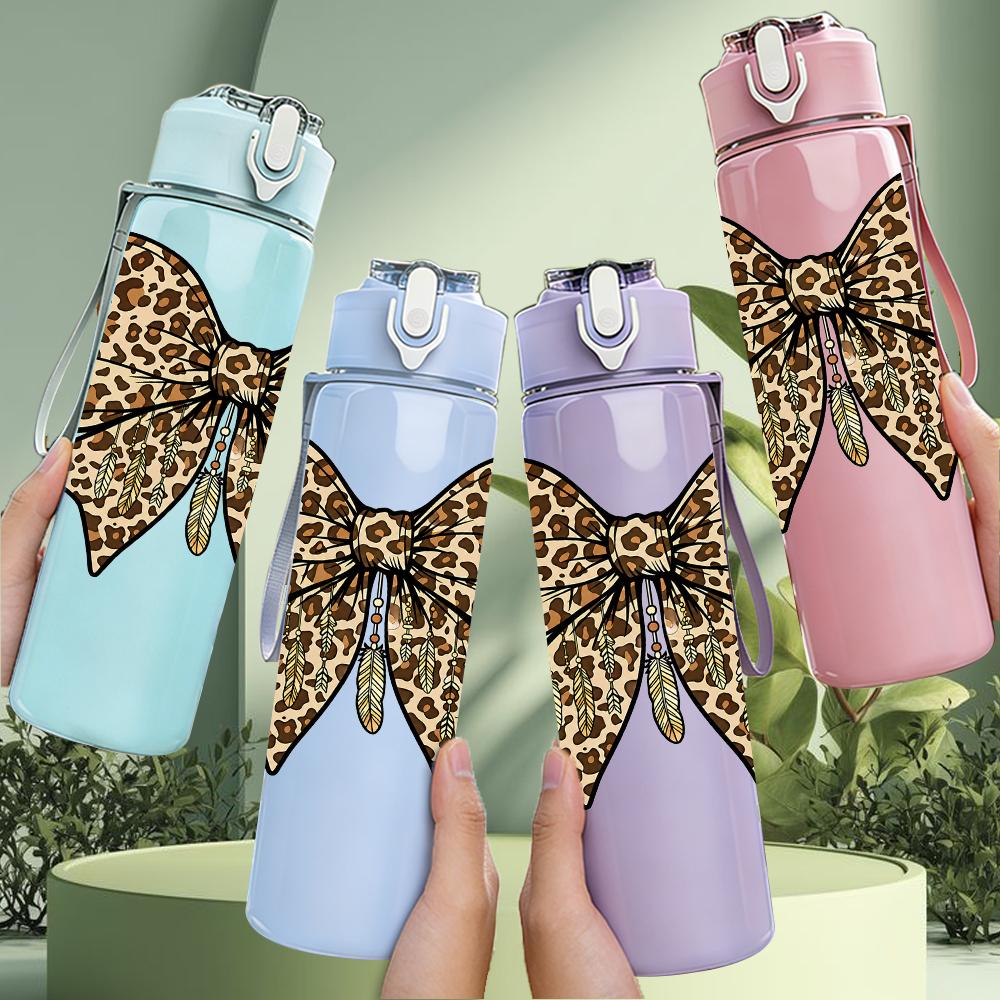 1PC Classic Leopard Print Bow 750ml Color Plastic Sports Water Bottle Leakproof Flip Straw Lid Suitable for Sports Office Home Use