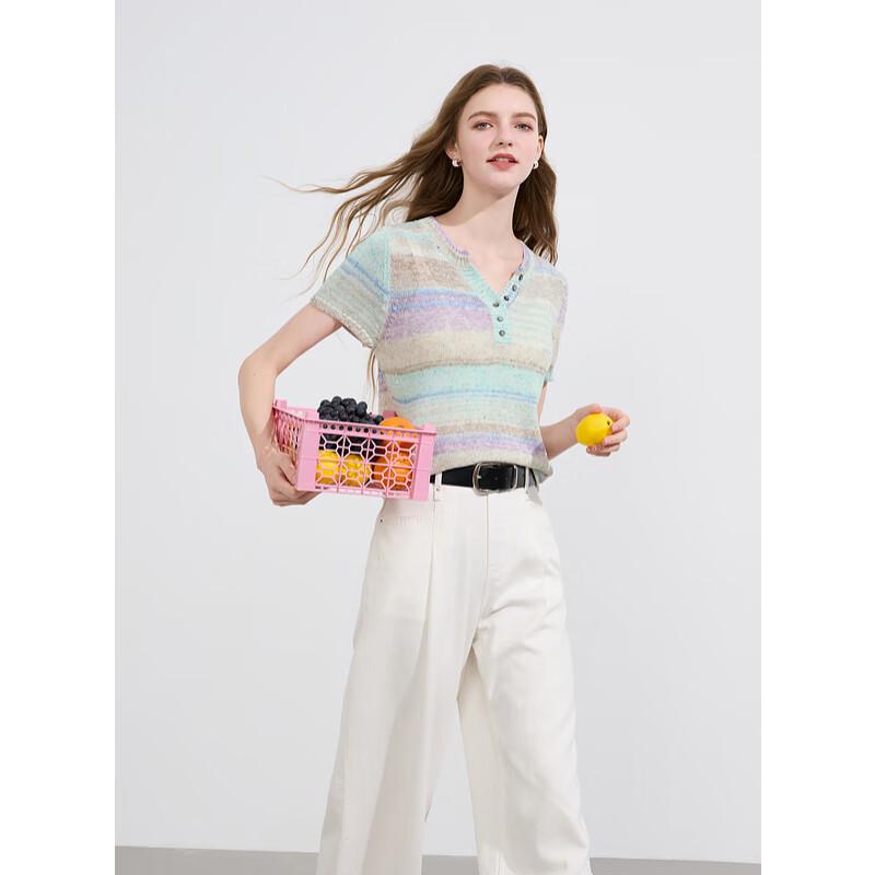 

Sancai 2025 Summer Striped Sequined V-Neck Knit Short Sleeve Pullover Top S (155/80A)