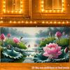 Serene Misty Lotus Tapestry, Pink Water Lilies and Green Leaves on a Calm Morning Lake, Peaceful Zen Wall Art