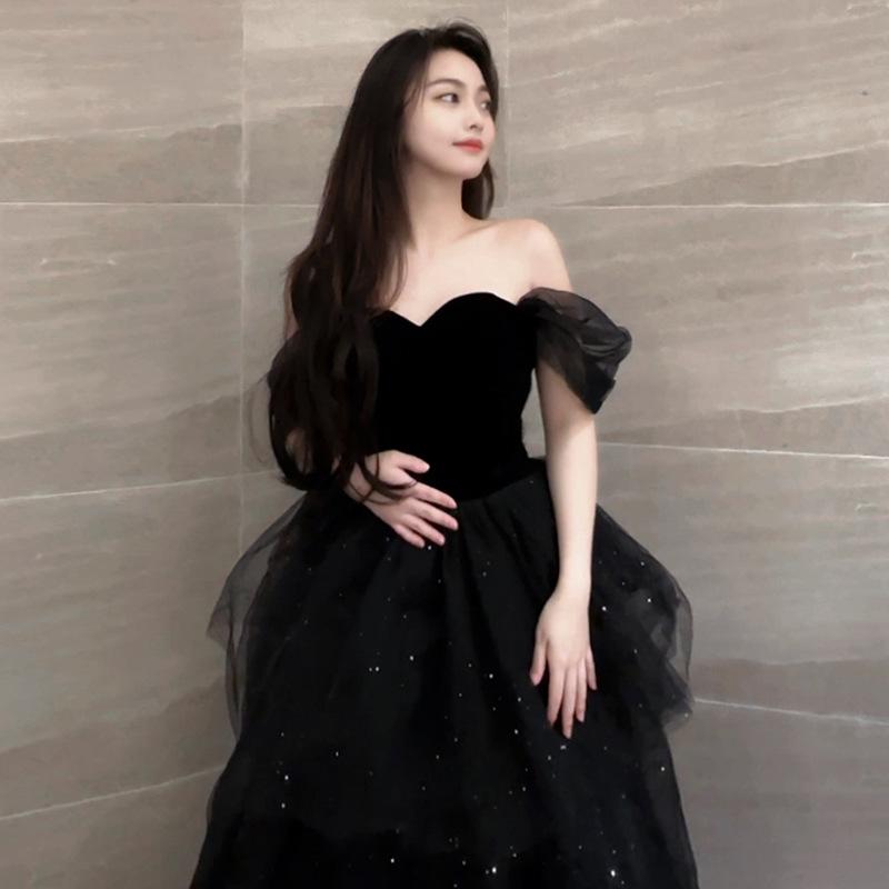 Black Evening Dress Skirt Light Luxury Niche French Tutu Skirt Host Female Summer Art Examination Graduation Adult Ceremony Feeling