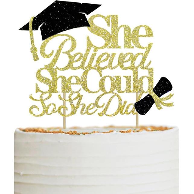 She Believed She Could So She Did Cake Topper for Graduation Decorations, 2025 Graduation Cake Topper, Congrats Grad 2025 Party Supplies (Gold)