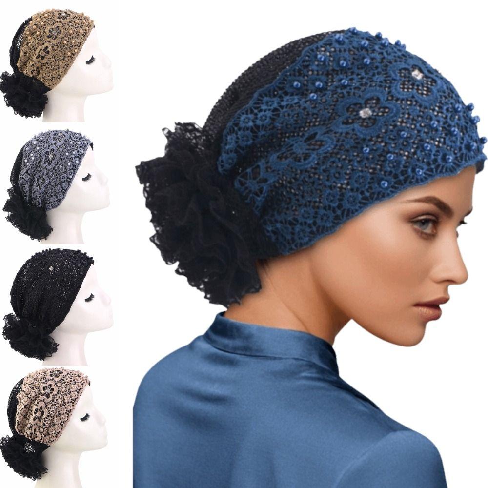 Casual Lace Embroidered Turban Hat Floral Beaded Ready To Wear Muslim Chemo Cap Vintage Lace Pearl Lace Bonnet Female