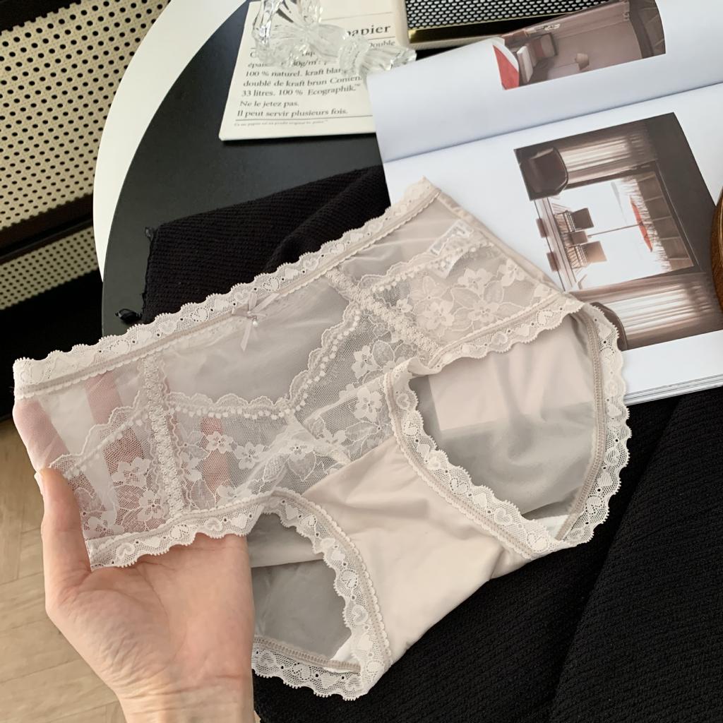 Ladies Summer Light Luxury Satin Wave Lace Sexy High Elastic Breathable Cotton Crotch Waist Triangle Briefs