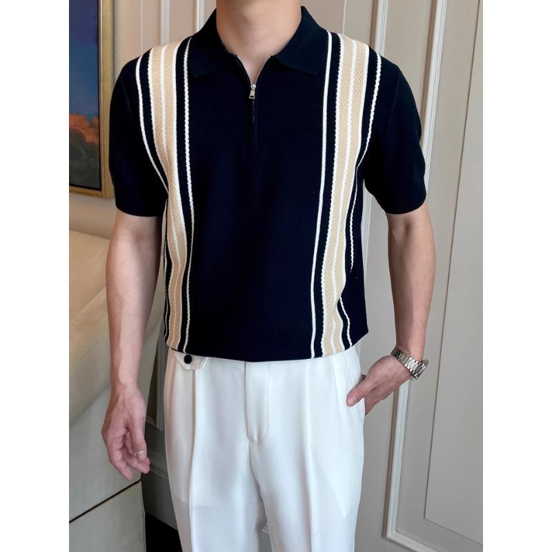 

Men Short Sleeve Knit Polo Shirt Vertical Stripe Half Zip Casual Top M