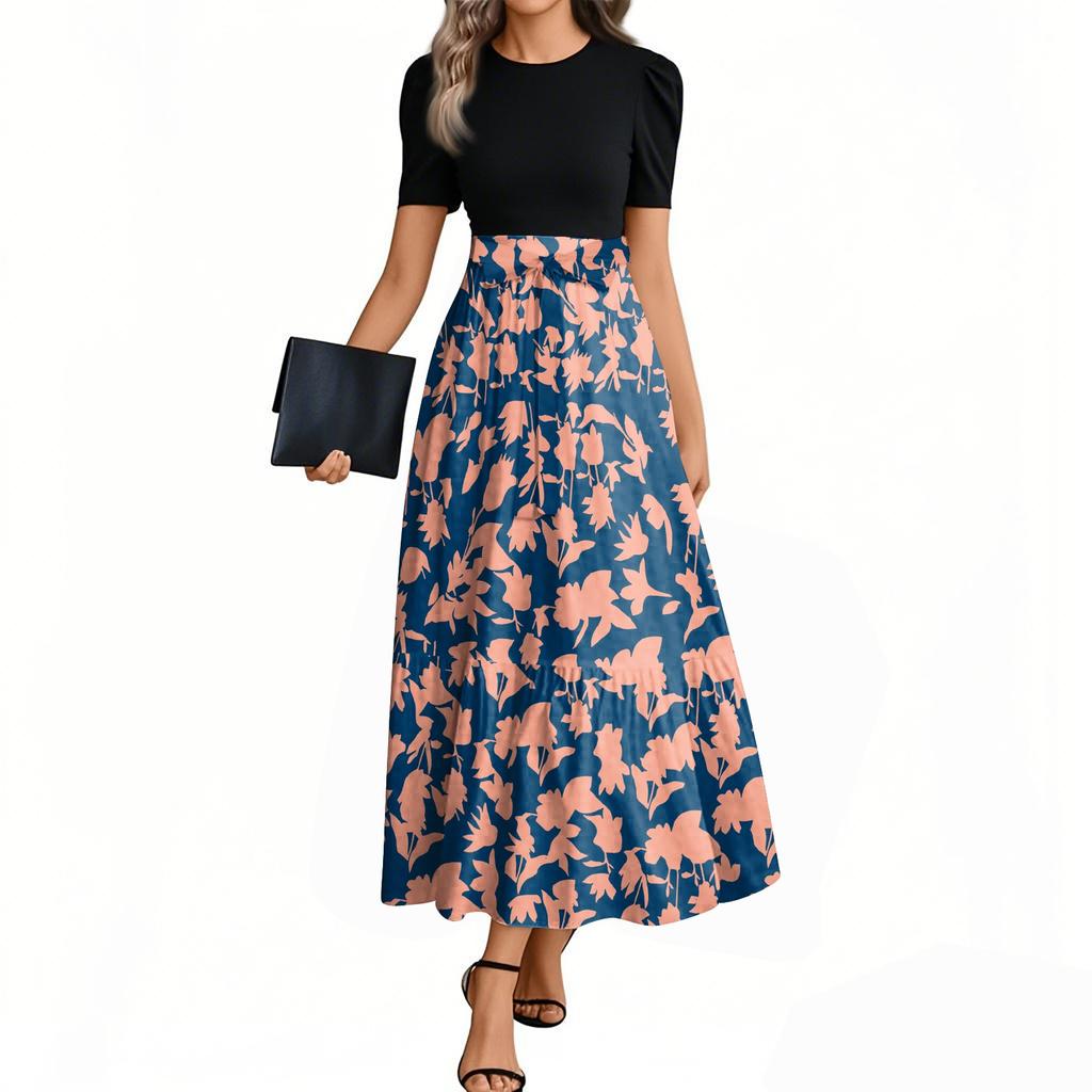 Women's Fashion Casual Belt Short Sleeve Round Neck Retro Printed Splicing Elegant Temperament Dress