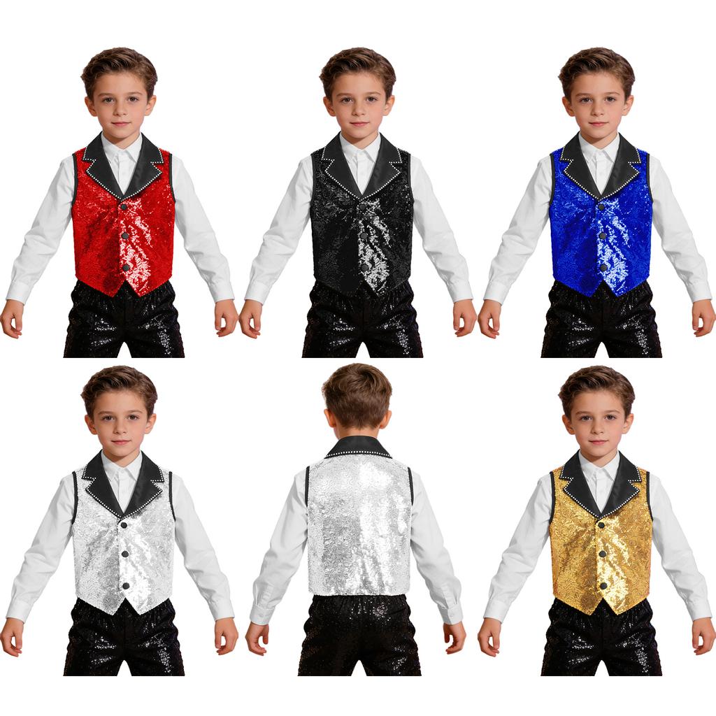 Boys Shiny Sequin Vest Contrast Lapel Collar Sleeveless Asymmetrical Hem Stage Waistcoat