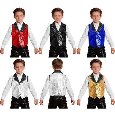 Chaleco Brillante con Lentejuelas para Niños Cuello de Solapa en Contraste Sin Mangas Dobladillo Asimétrico Chaleco de Escenario