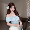 One-word Shoulder Sexy Pure Desire Short-sleeved T-shirt Women's Summer Slim-fit Pleated Ruffle Blue Short Chic Small Top