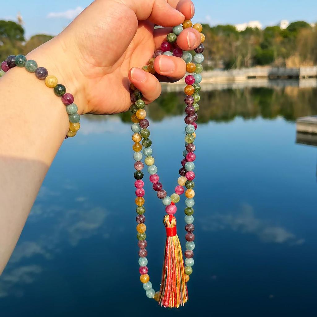 Cross-border Middle East Tourmaline Prayer Rosary: 99-Bead Bracelet with Colorful Tassel Mala Necklace.