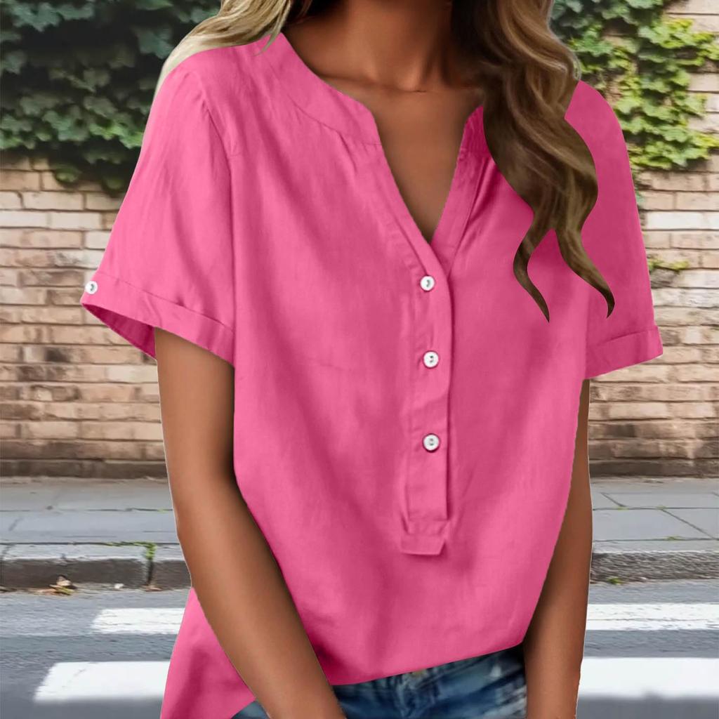 Fashionable Women's Linen V-neck Button Up Half Open Design, Fashionable Short Sleeved Shirt Color Top