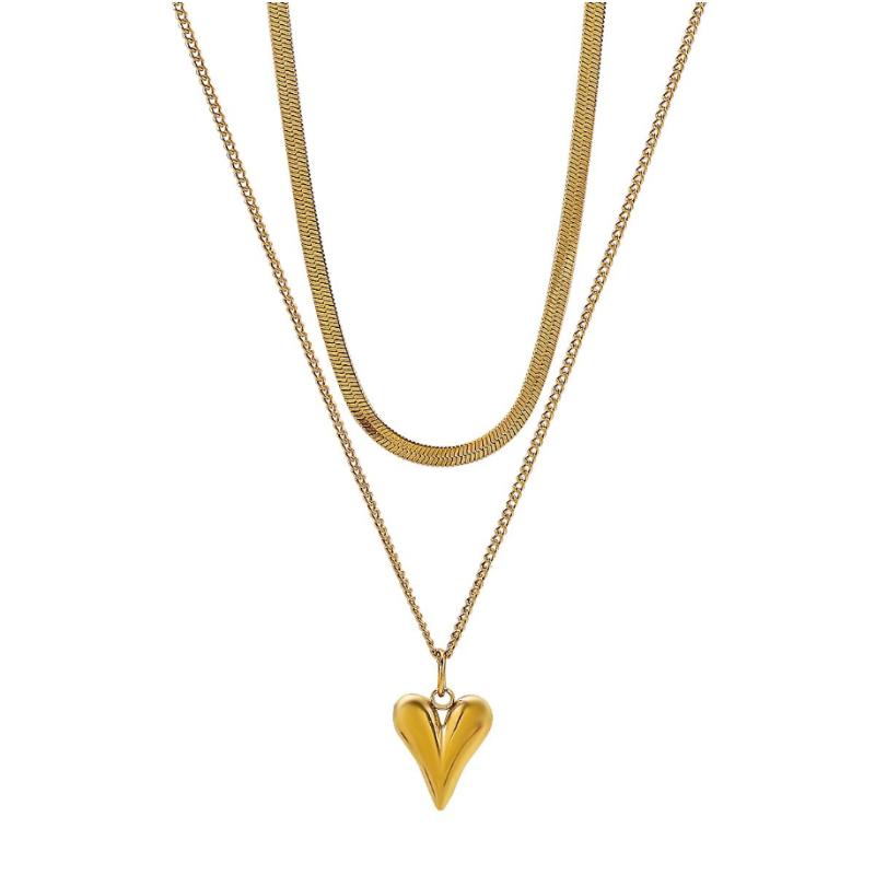Double Layered Love Heart Pendant Necklace for Women Simple Necklace Chain Jewelry Wholesale