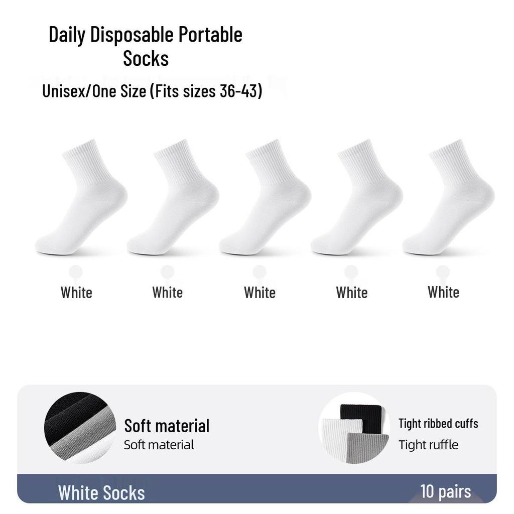 Disposable Mid-Calf Cotton Socks for Men and Women - Breathable, Sweat-Absorbent, Odor-Resistant for Travel and Daily Use.