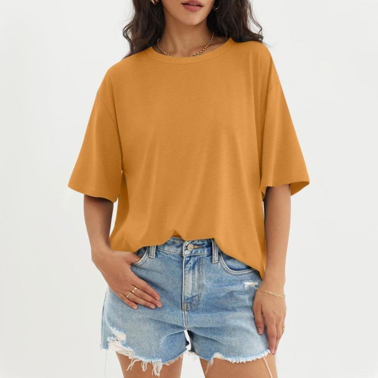 Solid Color Round Neck Top Women Casual Three Half Sleeve Fashionable