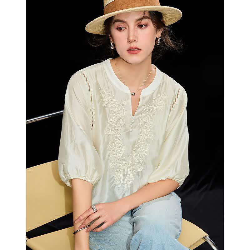 Women's Tencel Embroidered Hollow-Out Blouse