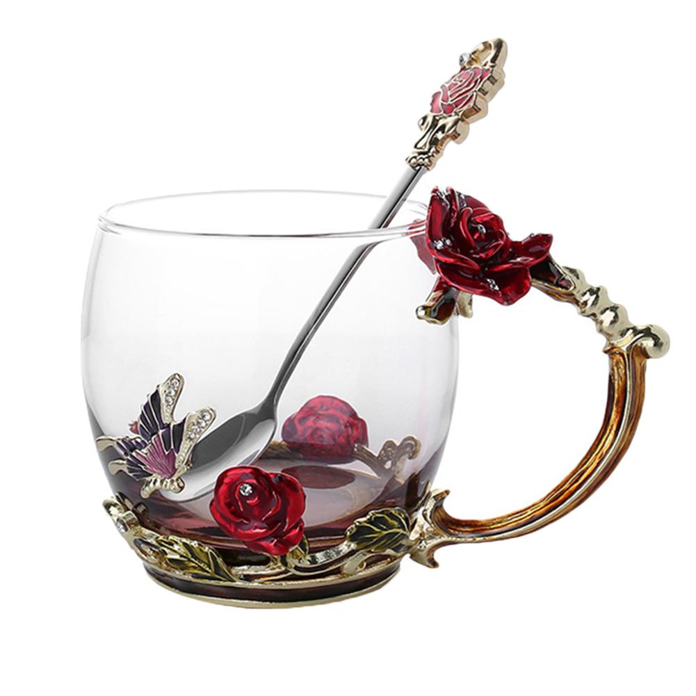 Rose Flower Cup Enamel Water Cup Heat-resistant Glass Cup Enamel Coffee Tea Cup Mug 3D Rose Butterfly Glass Cups Wedding Gift