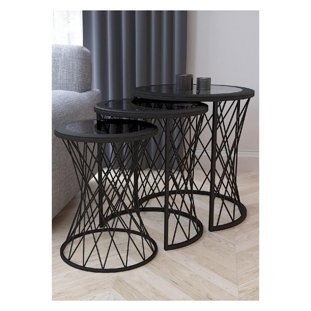 Wicker 3-seat Nesting Coffee Table Black Legs Smoked Glass MDF