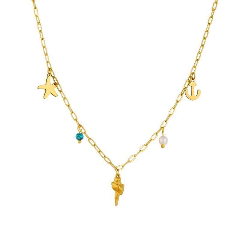 Gold Paperclip Chain Ocean Charm Necklace with Starfish and Anchor