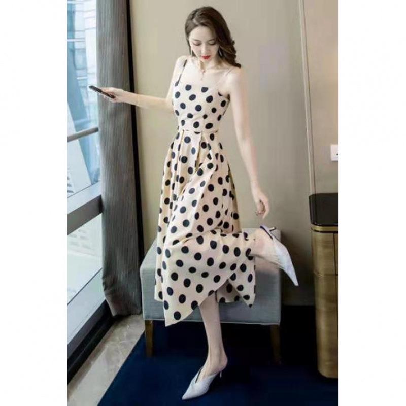 Women's French Polka Dot High Waist Strappy Dress - Retro Slimming Spring/Summer Style
