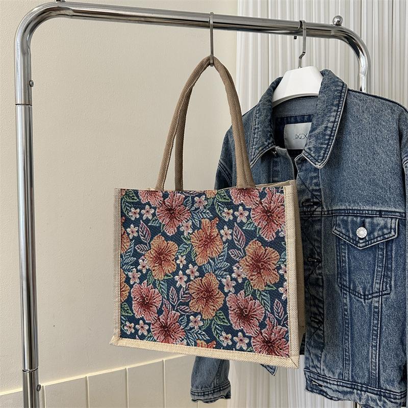 Simple and Fashionable Linen Flower Printing Handbag Women Fashion Commuter Shoulder Bags Tote Bag
