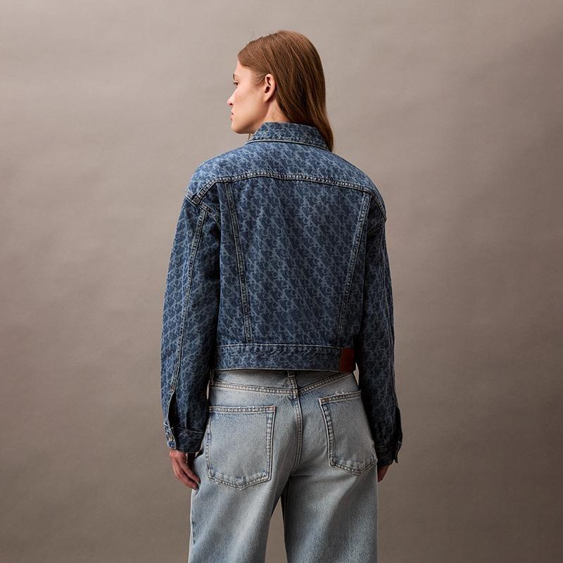 CALVIN KLEIN SS25 Jeans CK All-Over Print Vintage Washed Cropped Denim Jacket Women 47B010G