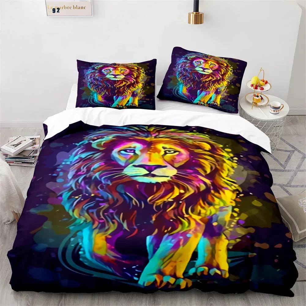 Lion Duvet Cover Set 3D Print Wild Animals with Glasses King Queen Size for Adults Teens Bedding Set Polyester Comforter Cover