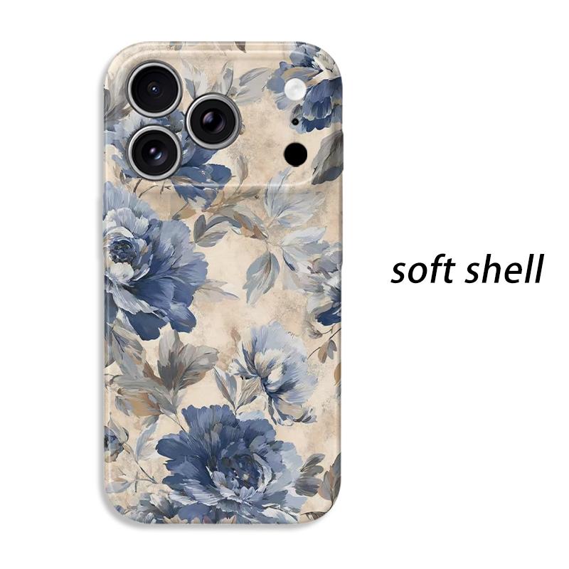 Vintage Distressed Pastel Blue Floral Peony Watercolor Art Graphic Film Aesthetic Protective ShockproofBumperCase Cover For iPhone1415161718ProMaxPlus