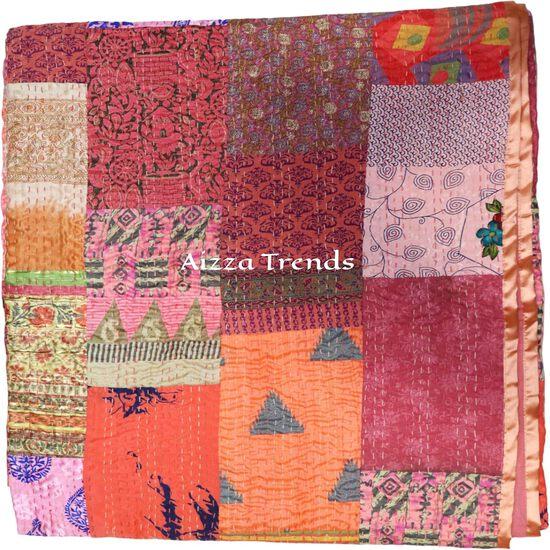 Aizza Trends Handmade Pure Cotton Patch and Patola Work Kantha Quilt - Traditional Indian Throw Blanket-Vintage Cotton Silk Saree Quilt