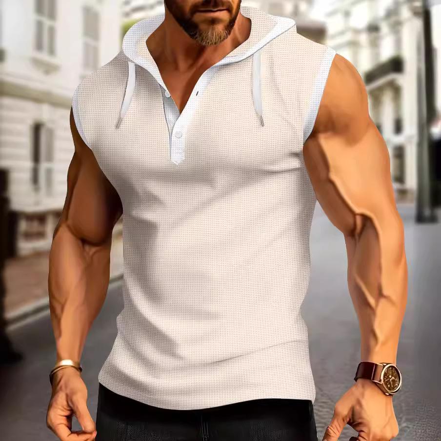 2024 Summer Men's Hooded Plaid Zip-Up Sleeveless Cardigan T-Shirt