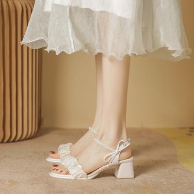 Comfort Shoes for Women Pearl Sandals Suit Female Beige Increasing Height Block Heels All-Match Black Bow 2024 Fashion Chunky Gi