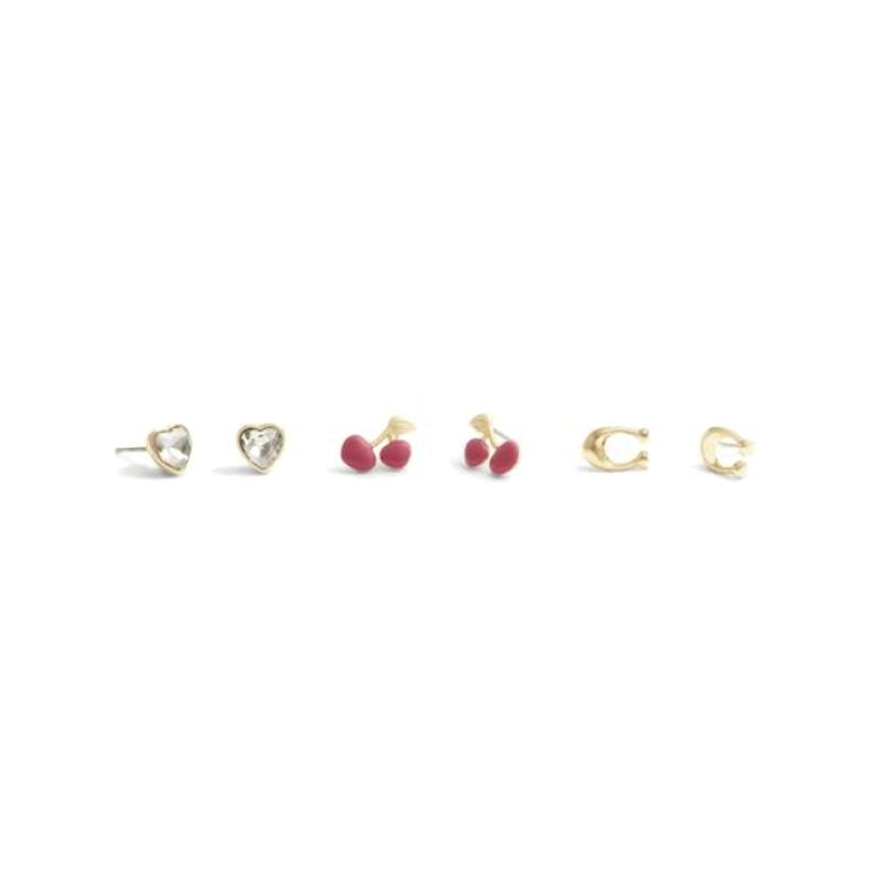 COACH Signature Cherry Heart Electroplating Brass Enamel Glass Cubic Zirconia Titanium Post Earrings Women s Multicolor
