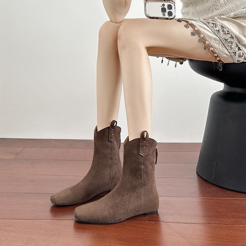 New suede medium boots retro thin boots square head western cowboy boots thick heel inner height increase short boots women