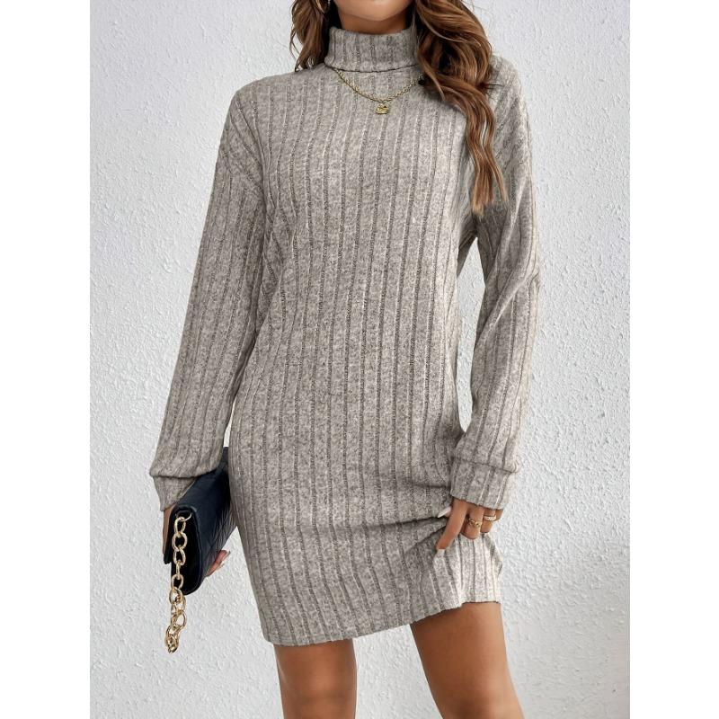 Women S Casual Solid High Neck Long Sleeve Knit Dress