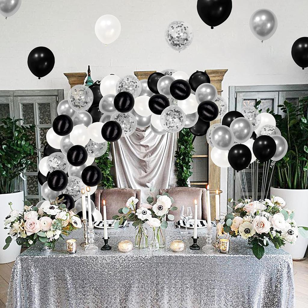 12inch 100pcs silver black white balloon set with confetti, suitable for weddings, birthdays, theme parties, family gatherings