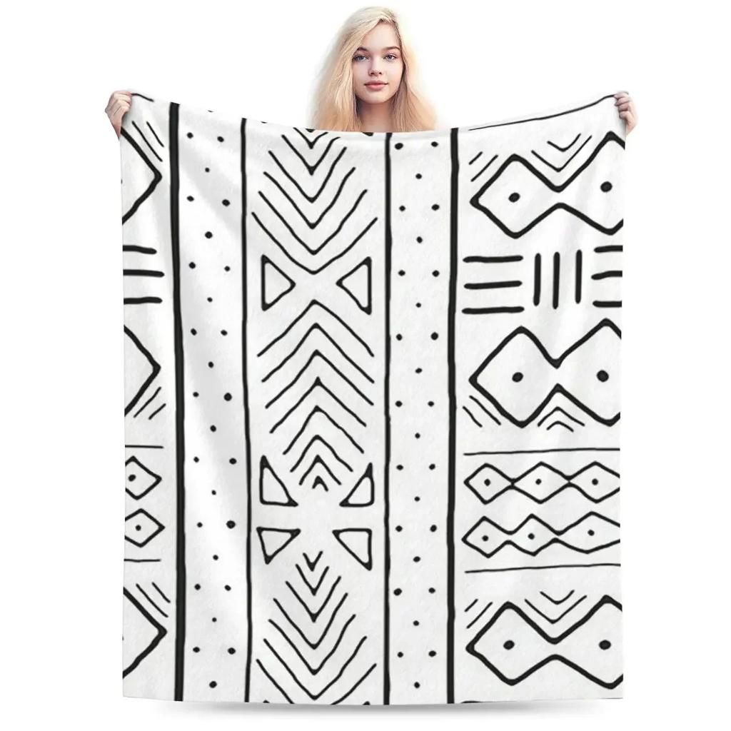 African Mudcloth White Blankets Soft Warm Flannel Throw Blanket Plush for Bed Living room Picnic Travel Home Couch