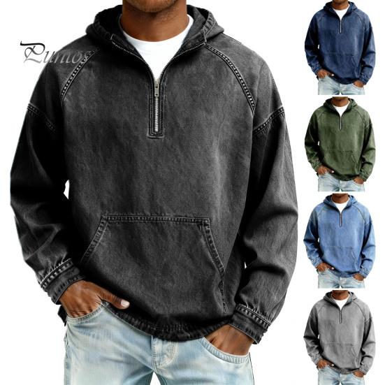 Comfortable Men Sweatshirt Hoodie Long Sleeve Half-Zipper Stand Collar Front Pocket Fall Pullover Solid Color Hooded Tops Sports School Streetwear