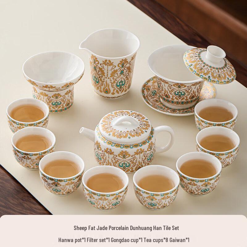 Dunhuang Cultural Suet Jade White Porcelain Kung Fu Tea Set