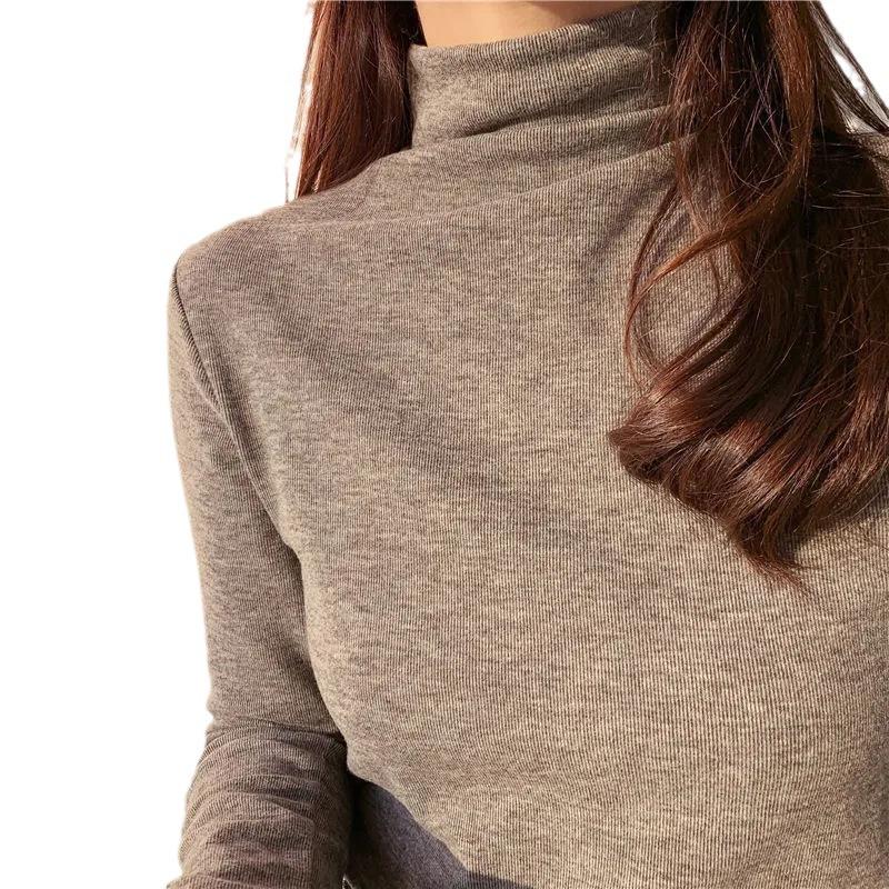 Women's Fleece-Lined Slim-Fit Long Sleeve Base Layer Top - Warm, Half-High Neck, Solid Color, Versatile, Autumn/Winter Style.