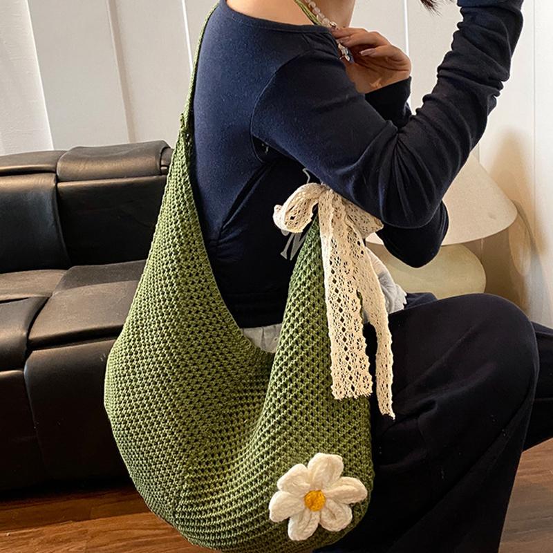Simple Handmade Knit Shoulder Bag Bohemian Solid Color Crochet Tote Bag Large Capacity Hollow Out Woven Handbag Vacation