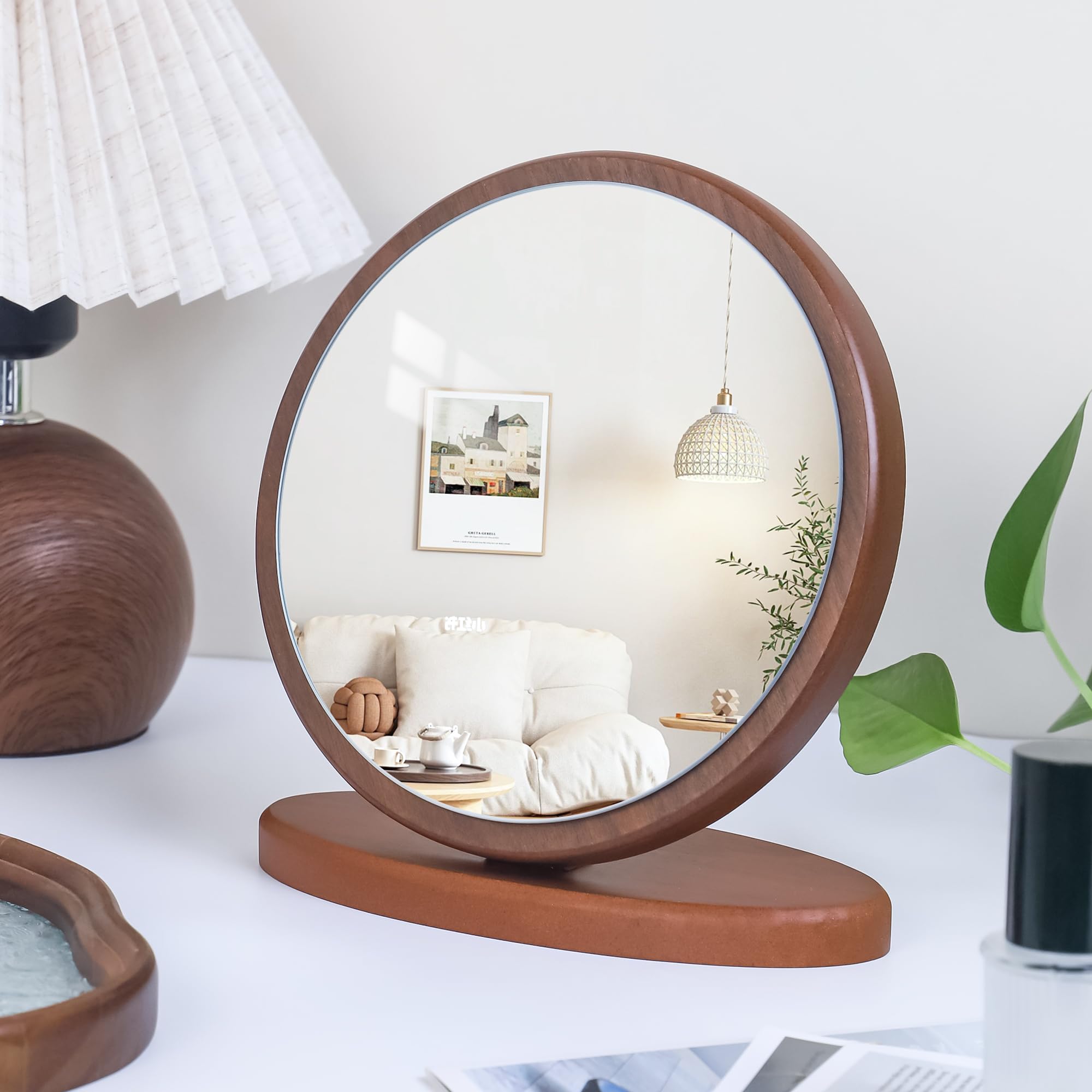 

Browgrow Tabletop Wooden Vanity Wood Stand Wood Grain Adjustable Mirror, Mirror, Mirror, Finish, 90-Degree (Round, Brown)